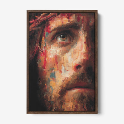 canvas artwork featuring an expressive portrait of Christ in vibrant colors and loose brushstrokes, dark wood frame