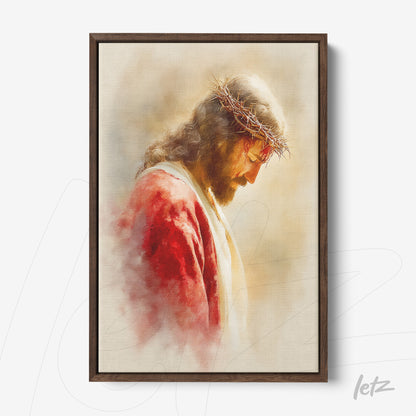 framed sacred art featuring jesus christ with a crown of thorns in dark wood frame
