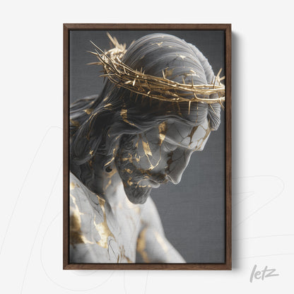 framed digital art of a Christ figure with a crown of thorns and golden accents in dark wood frame