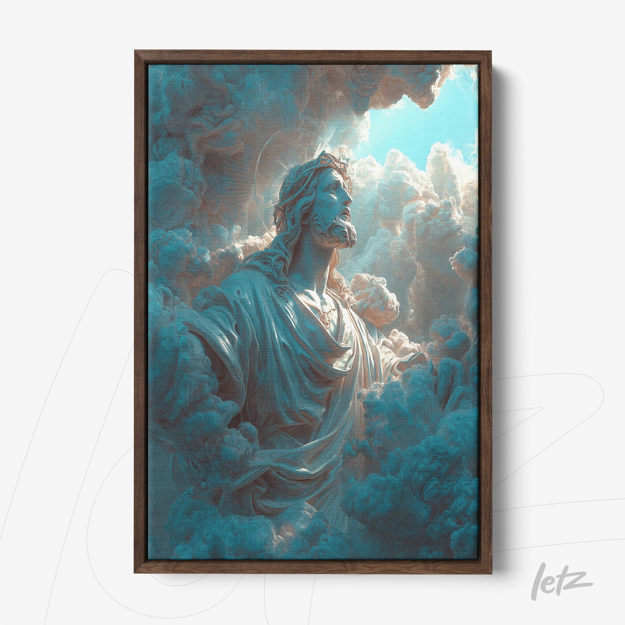 framed digital artwork of a divine figure emerging among dense clouds with a dark wood frame