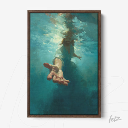 religious framed artwork depicting the figure of Jesus emerging from water with an outstretched hand, framed with dark wood frame