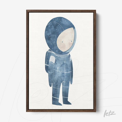 framed wall art featuring a blue-toned astronaut illustration with dark wood frame