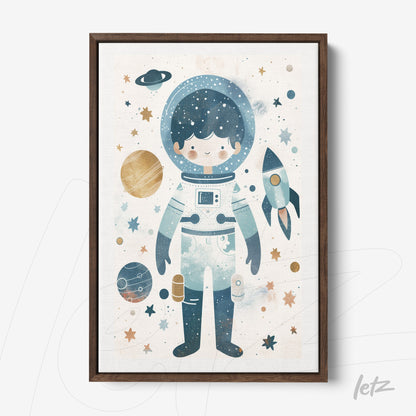 framed artwork featuring a child astronaut surrounded by planets and stars in a dark brown frame