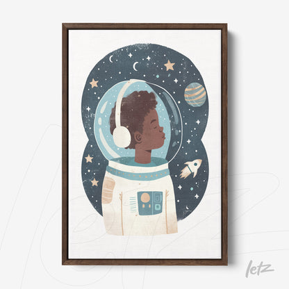 canvas print featuring an illustration of a young astronaut boy against a starry background with a dark wooden frame