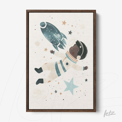 framed wall art featuring a black child astronaut floating in space with a dark wooden frame and light background