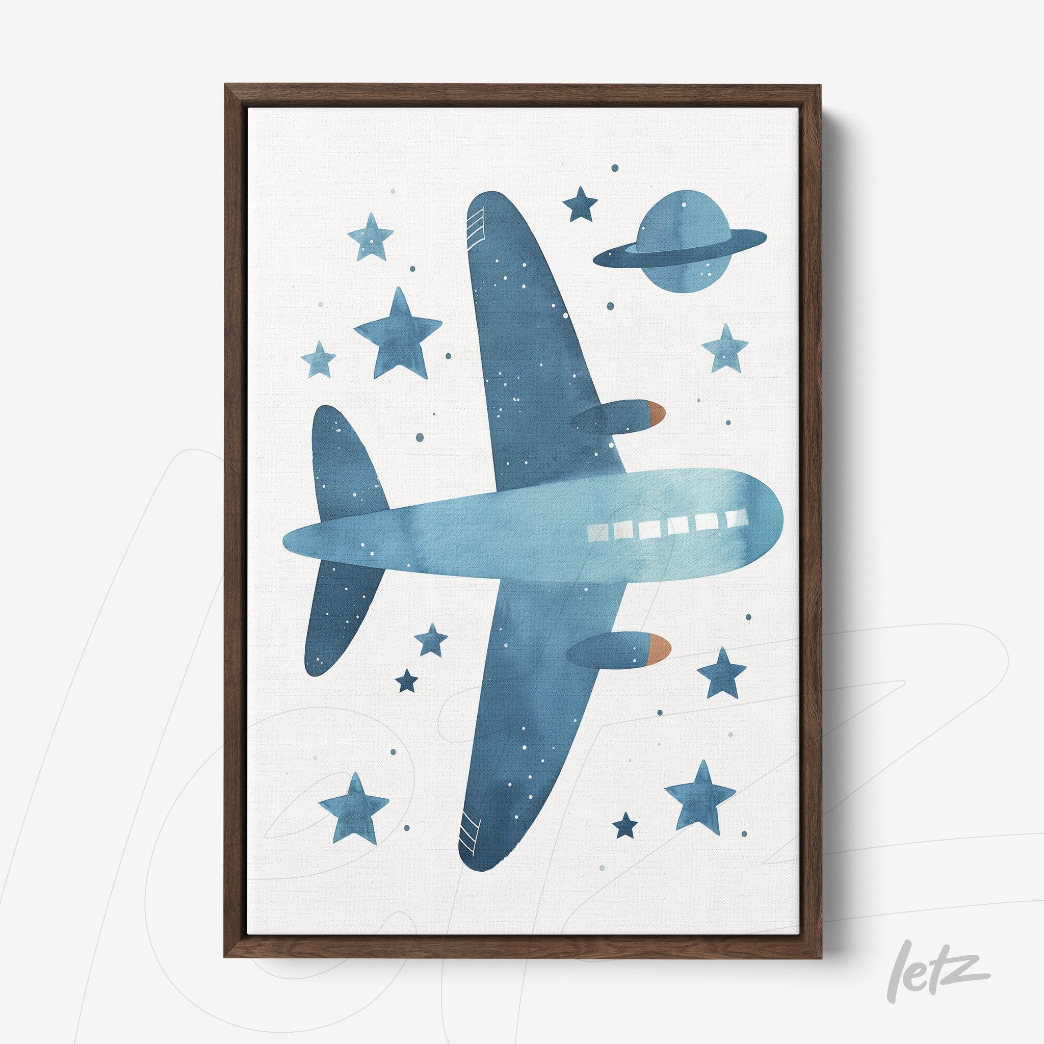 framed watercolor art of a blue airplane surrounded by stars and planet with a dark wood frame