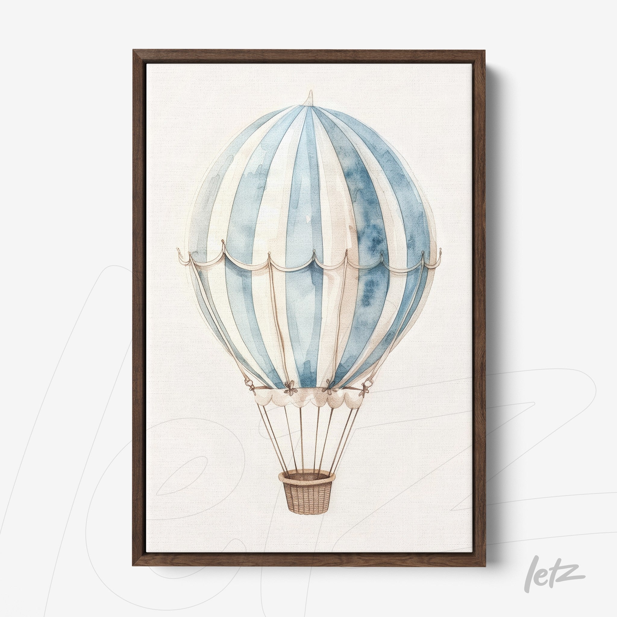 framed art featuring a hot air balloon illustration in blue and white tones with dark wood frame