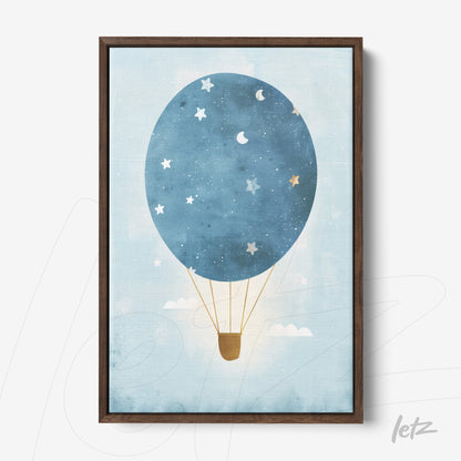 framed artwork of a blue hot air balloon against a light background with stars and clouds featuring a dark wood frame