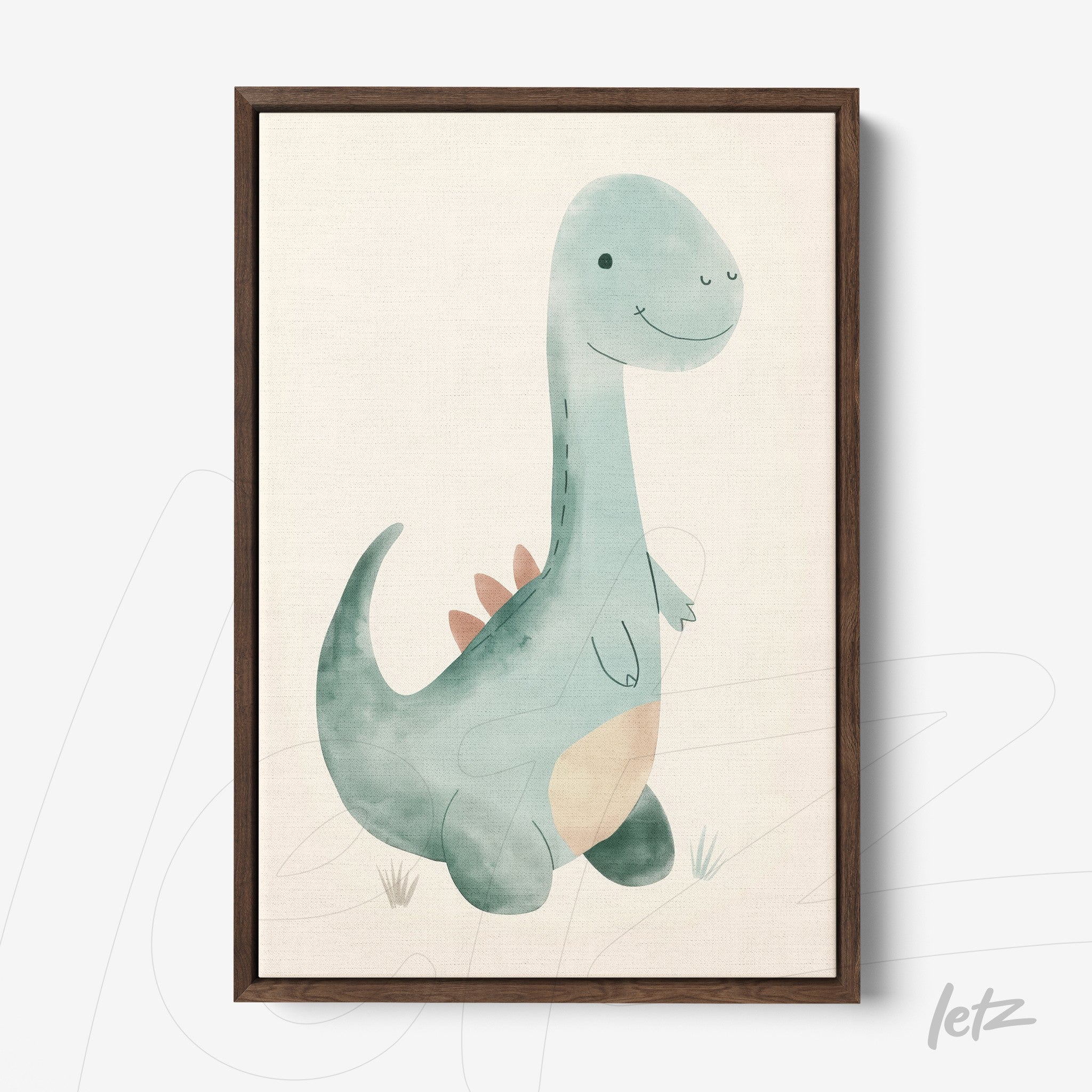 framed watercolor illustration of a dinosaur with a dark wood frame