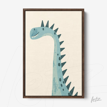 framed wall art featuring a blue dinosaur illustration with a brown frame