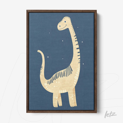 framed artwork featuring a children's illustration of a dinosaur on a dark blue background with a dark wooden frame