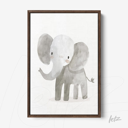 framed watercolor illustration of a gray elephant with a dark wood frame