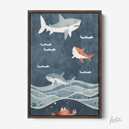 framed playful illustration of sharks swimming in a blue background with dark wood frame
