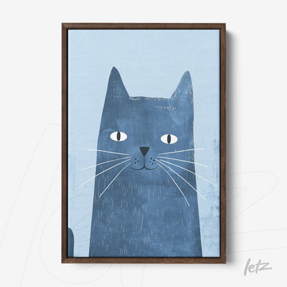 framed art piece featuring a stylized blue cat with a dark wood frame