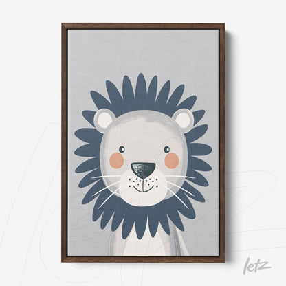 framed wall art featuring a smiling lion illustration with a dark wood frame