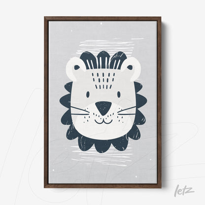 framed artwork of a stylized lion in gray background with dark wood frame