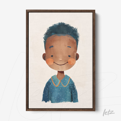 framed artwork of a cheerful child character with textured hair and blue shirt on light background