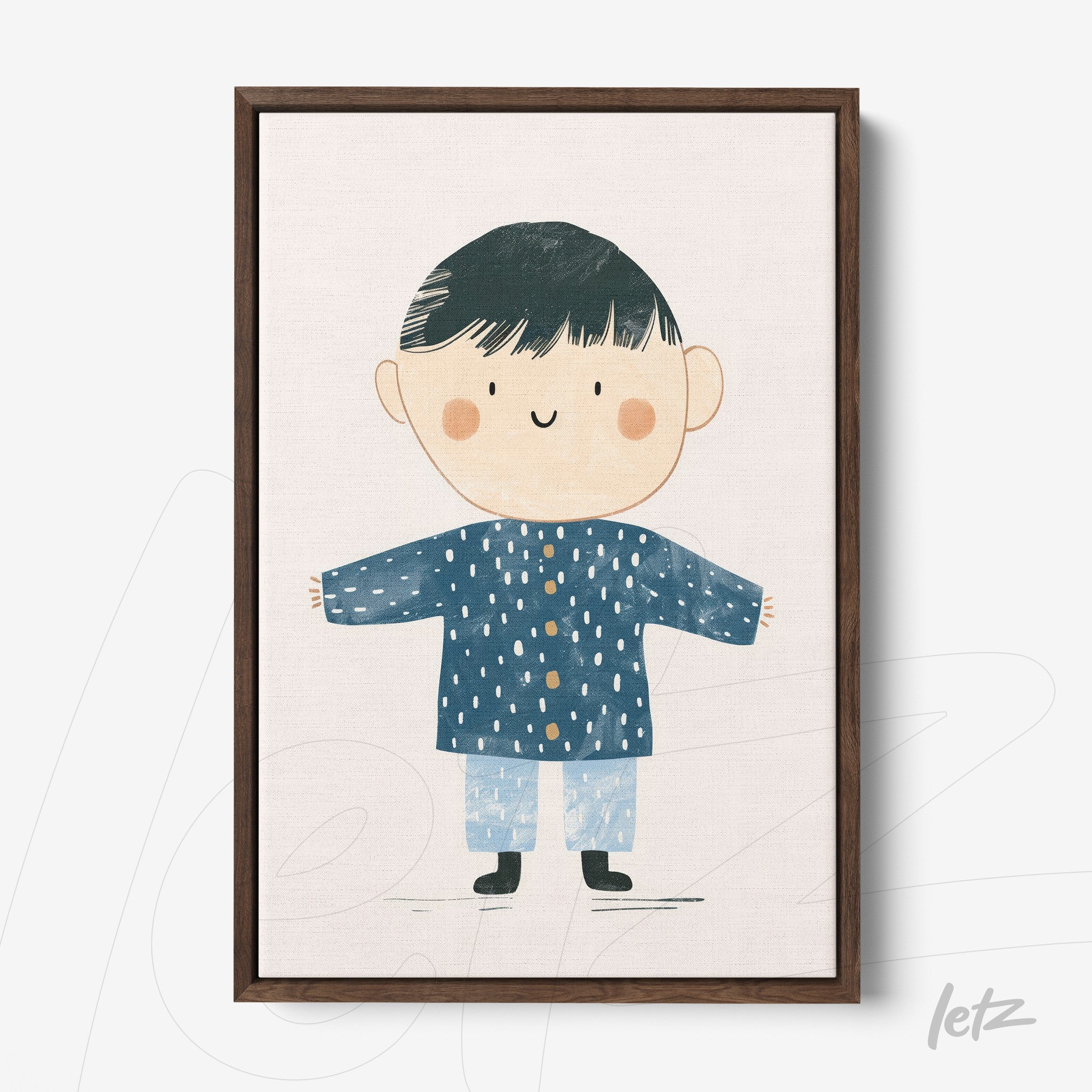 framed wall art featuring a child illustration with blue outfit and a smiling face, dark wooden frame