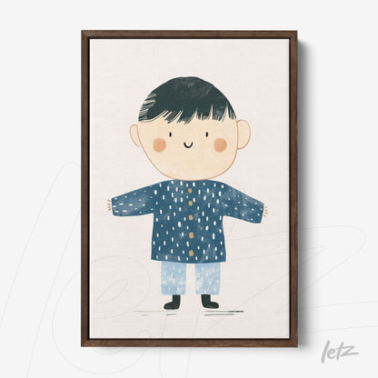 framed wall art featuring a child illustration with blue outfit and a smiling face, dark wooden frame