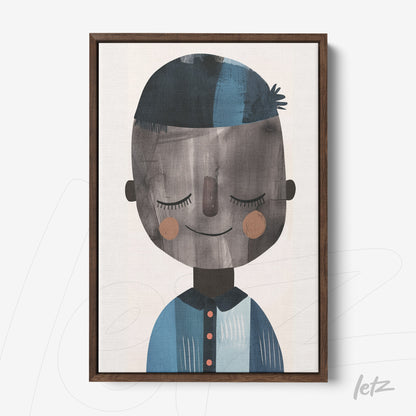 framed playful art of a smiling boy with dark hair and blue outfit in a wooden frame
