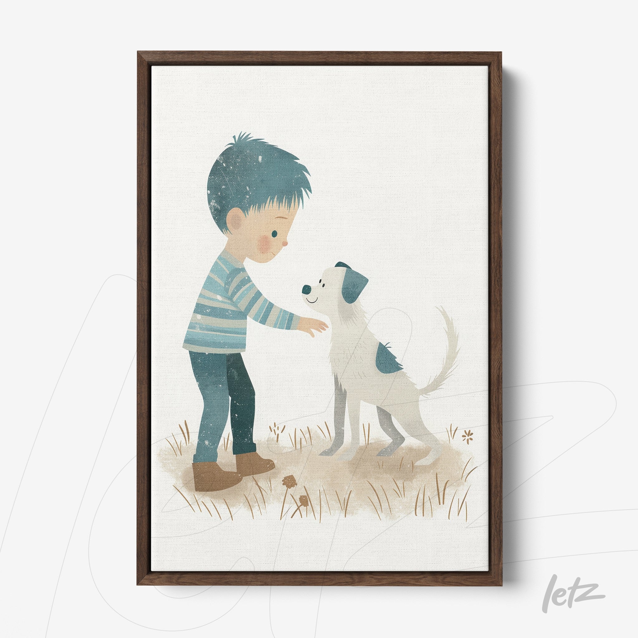 framed wall art featuring a child interacting with a dog in a dark wooden frame