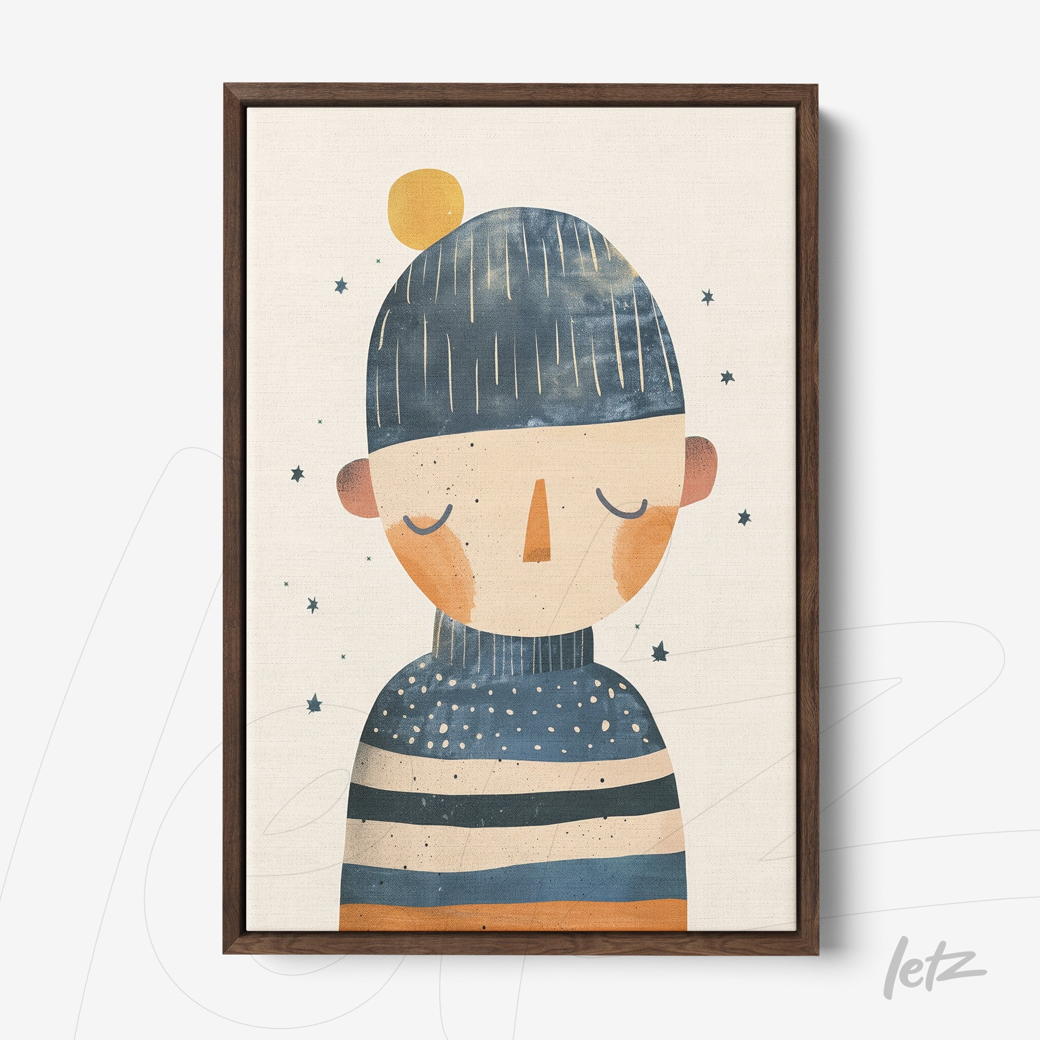 framed art of a character with a hat and closed eyes wearing a striped shirt in dark wooden frame