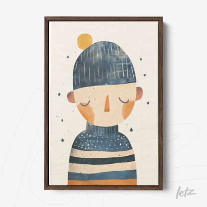 framed art of a character with a hat and closed eyes wearing a striped shirt in dark wooden frame