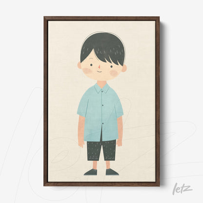 framed wall art featuring a children's illustration of a boy wearing a blue shirt and dark pants