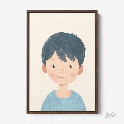 framed artwork of a smiling boy with short dark hair and light skin tone