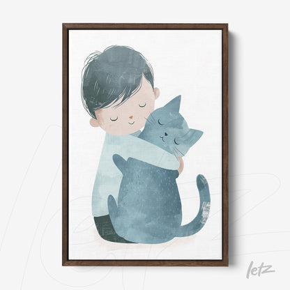 watercolor style framed art of boy hugging gray cat with dark frame