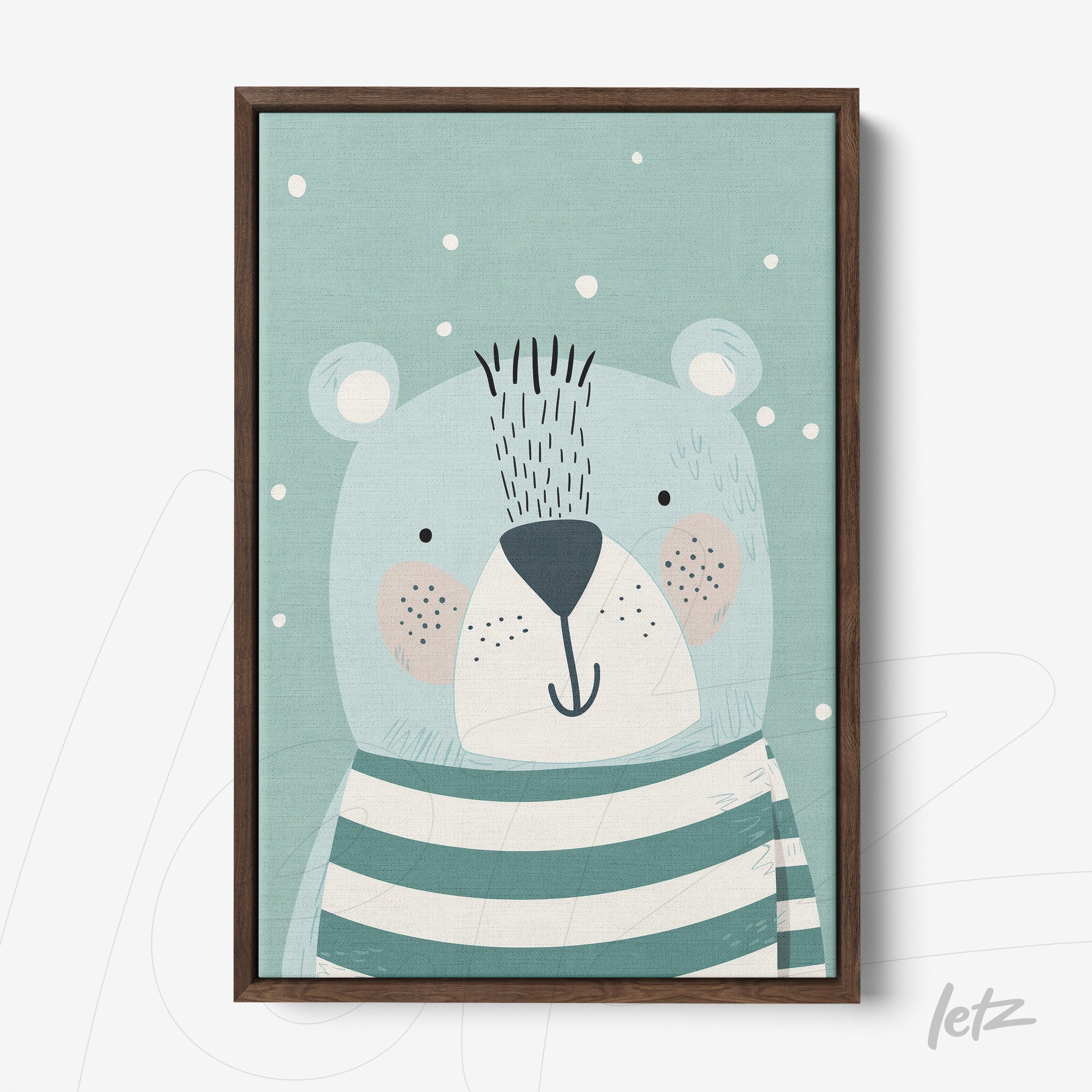 framed illustration of a stylized bear wearing a striped shirt with a dark wood frame