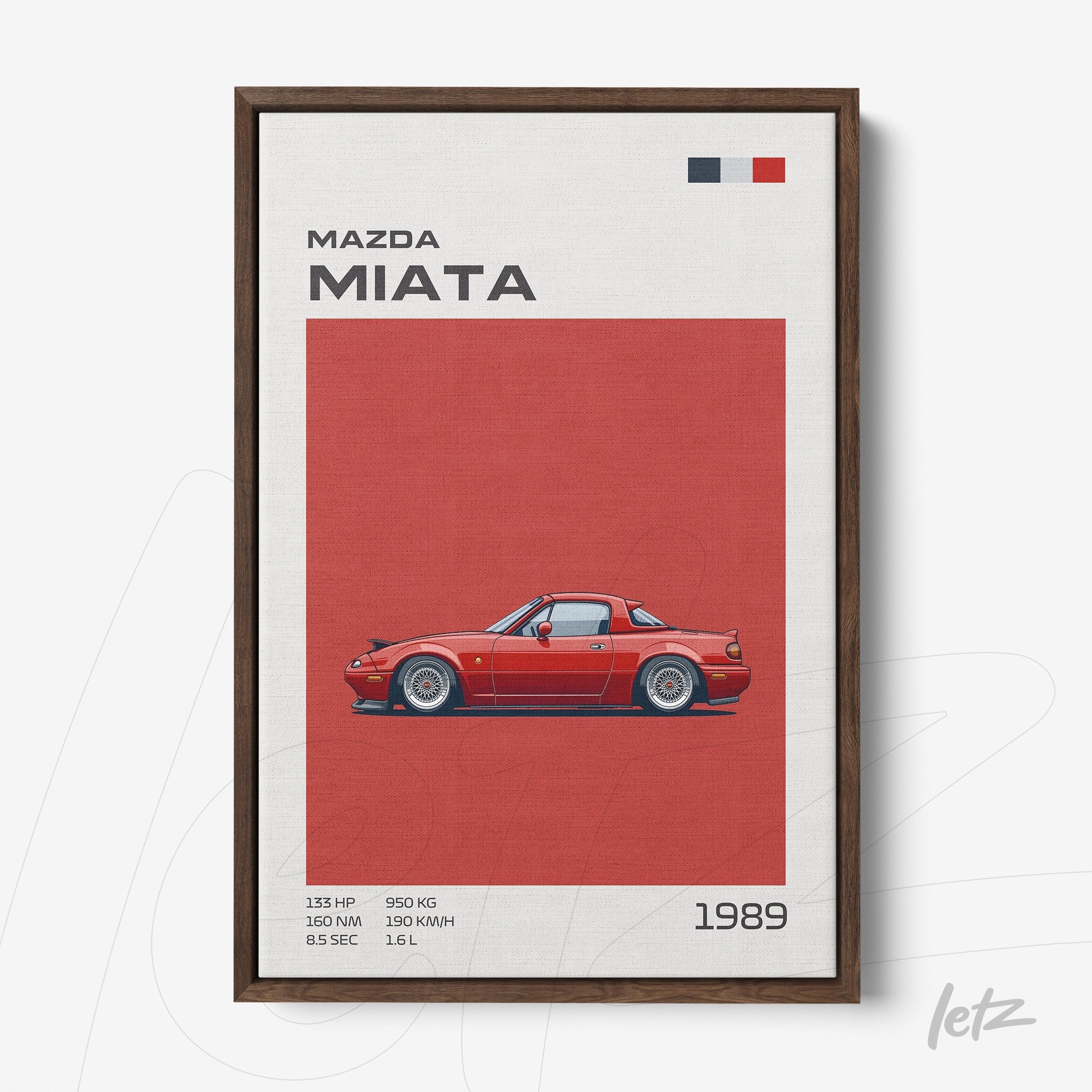 decorative wall art featuring illustration of 1989 Mazda Miata in red background