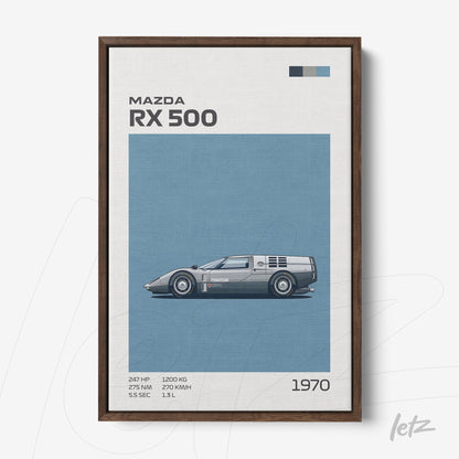 framed wall art of Mazda RX 500 sports car with dark wood frame and blue background