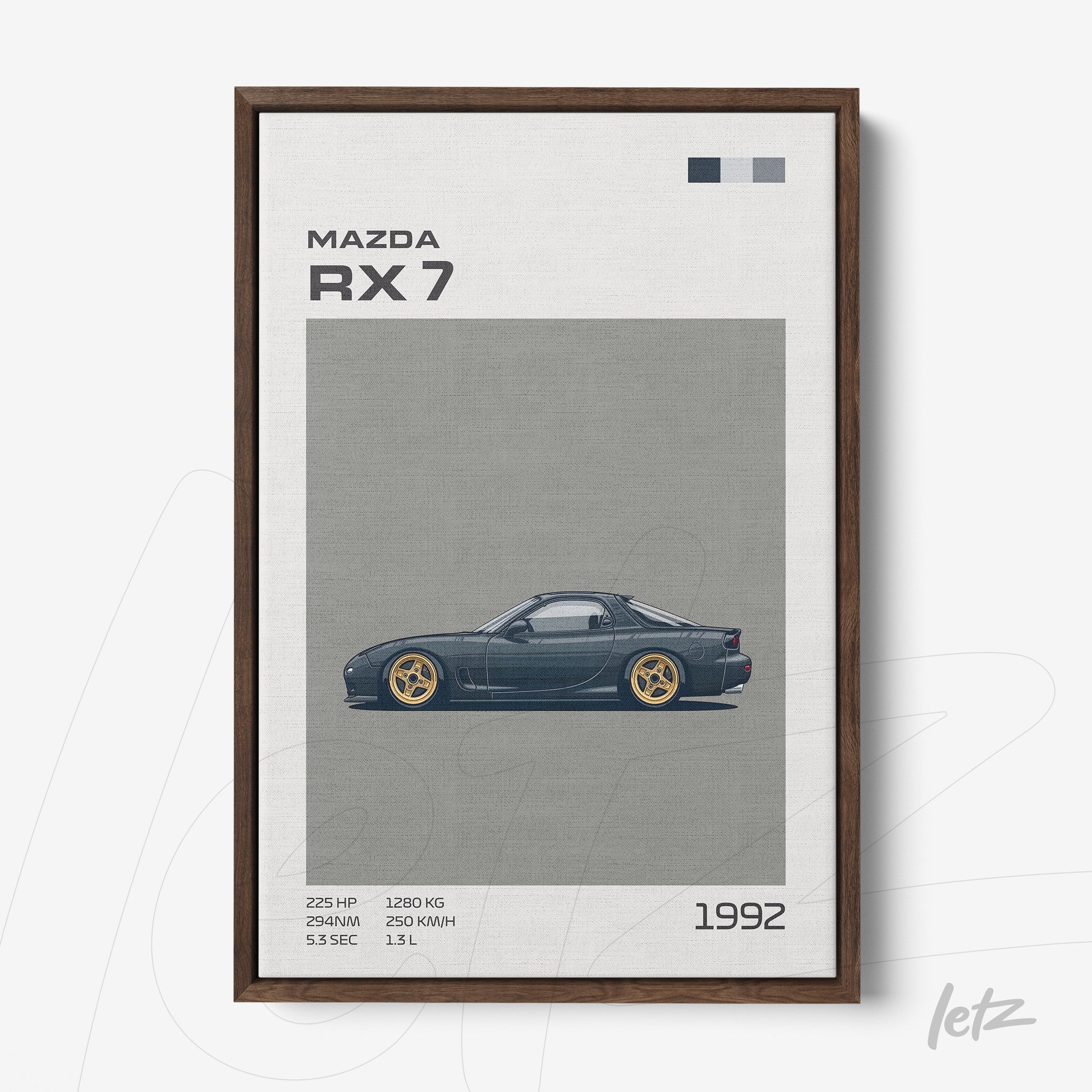 vertical wall art featuring a digital illustration of the 1992 Mazda RX 7 with a gray background and dark wood frame