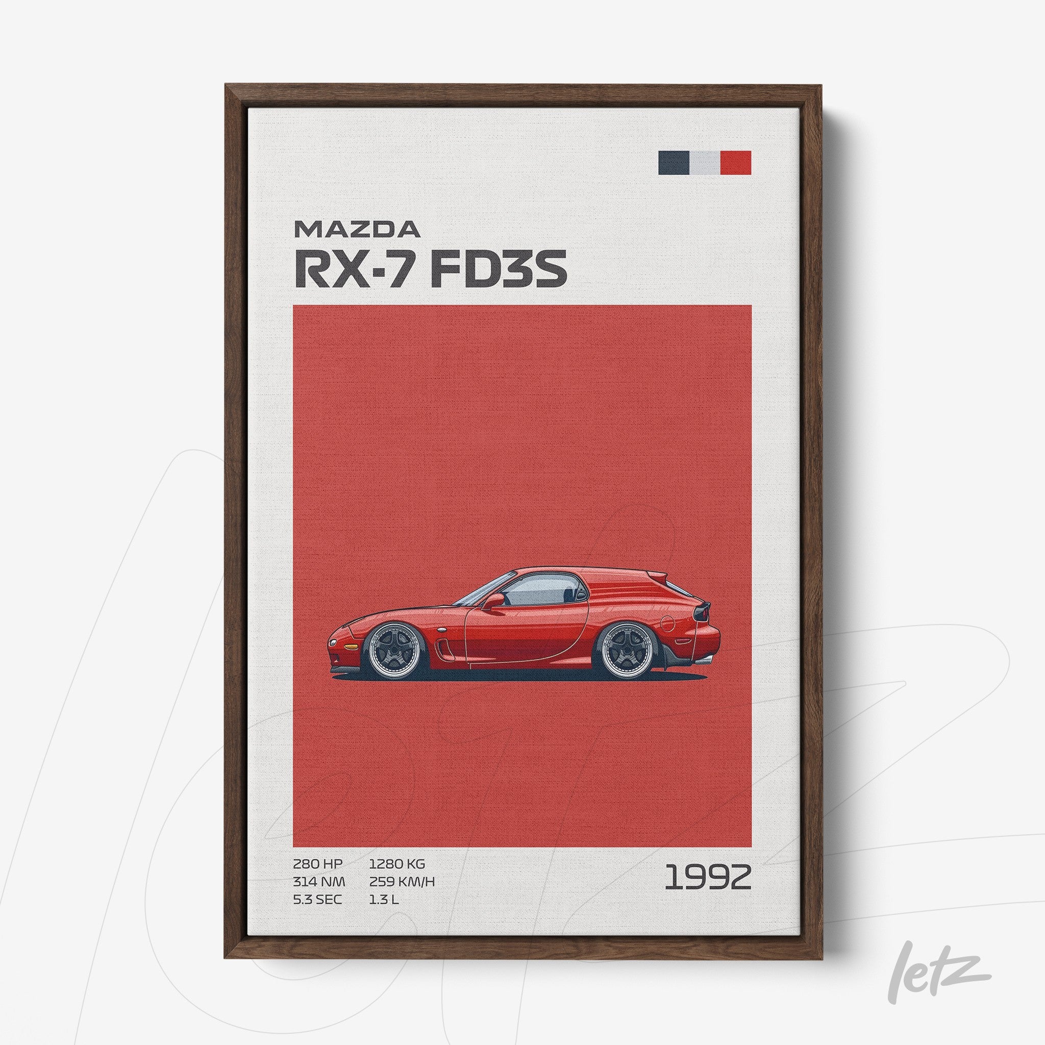 framed wall art of Mazda RX-7 FD3S in red background with brown frame
