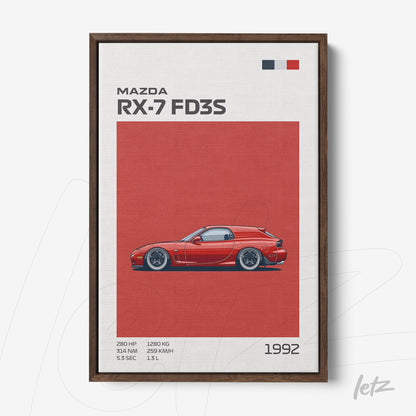 framed wall art of Mazda RX-7 FD3S in red background with brown frame