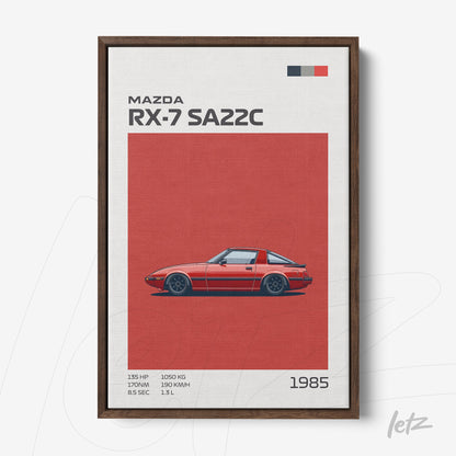 framed art of Mazda RX-7 SA22C sports car on red background with dark wood frame