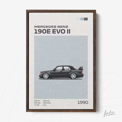framed wall art featuring a stylized illustration of the Mercedes Benz 190E EVO II with a brown frame