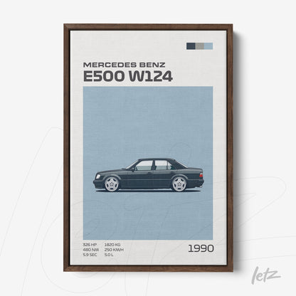 framed artwork featuring a digital illustration of a mercedes benz e500 w124 on a blue background with gray details and dark wood frame
