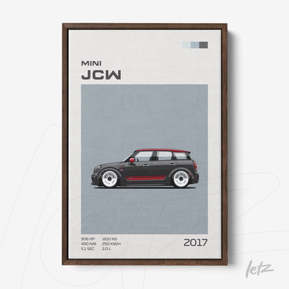 framed wall art featuring a digital illustration of a Mini JCW car with a dark wooden frame, gray background, and red accents