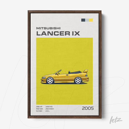 framed wall art of a Mitsubishi Lancer IX sports car on a vibrant yellow background with a dark wood frame