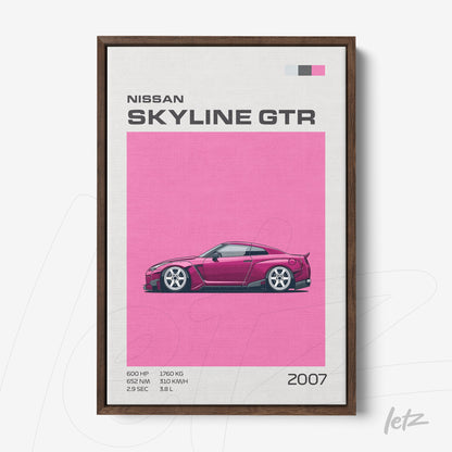 framed digital art of Nissan Skyline GTR in pink background with dark wood frame