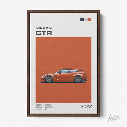 framed art featuring a Nissan GTR illustration on an orange background with a dark wood frame