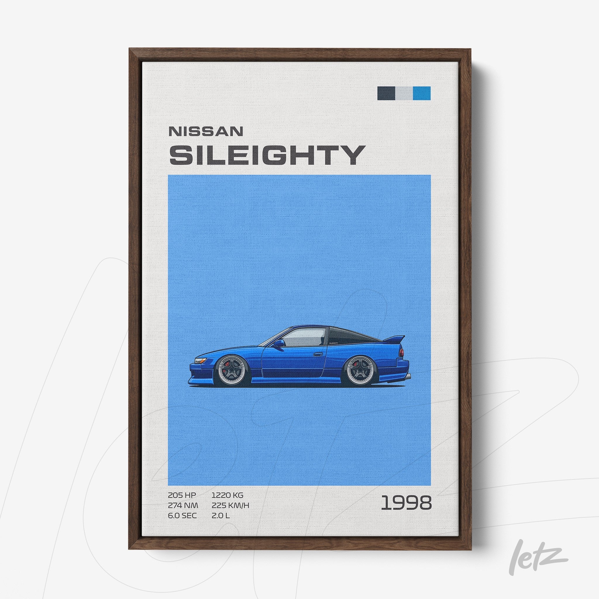 framed art featuring a stylized illustration of the Nissan Silvia Sileighty on vibrant blue background with dark wooden frame