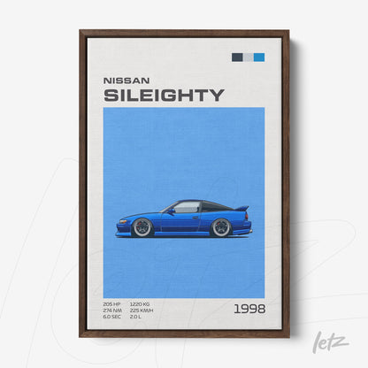 framed art featuring a stylized illustration of the Nissan Silvia Sileighty on vibrant blue background with dark wooden frame