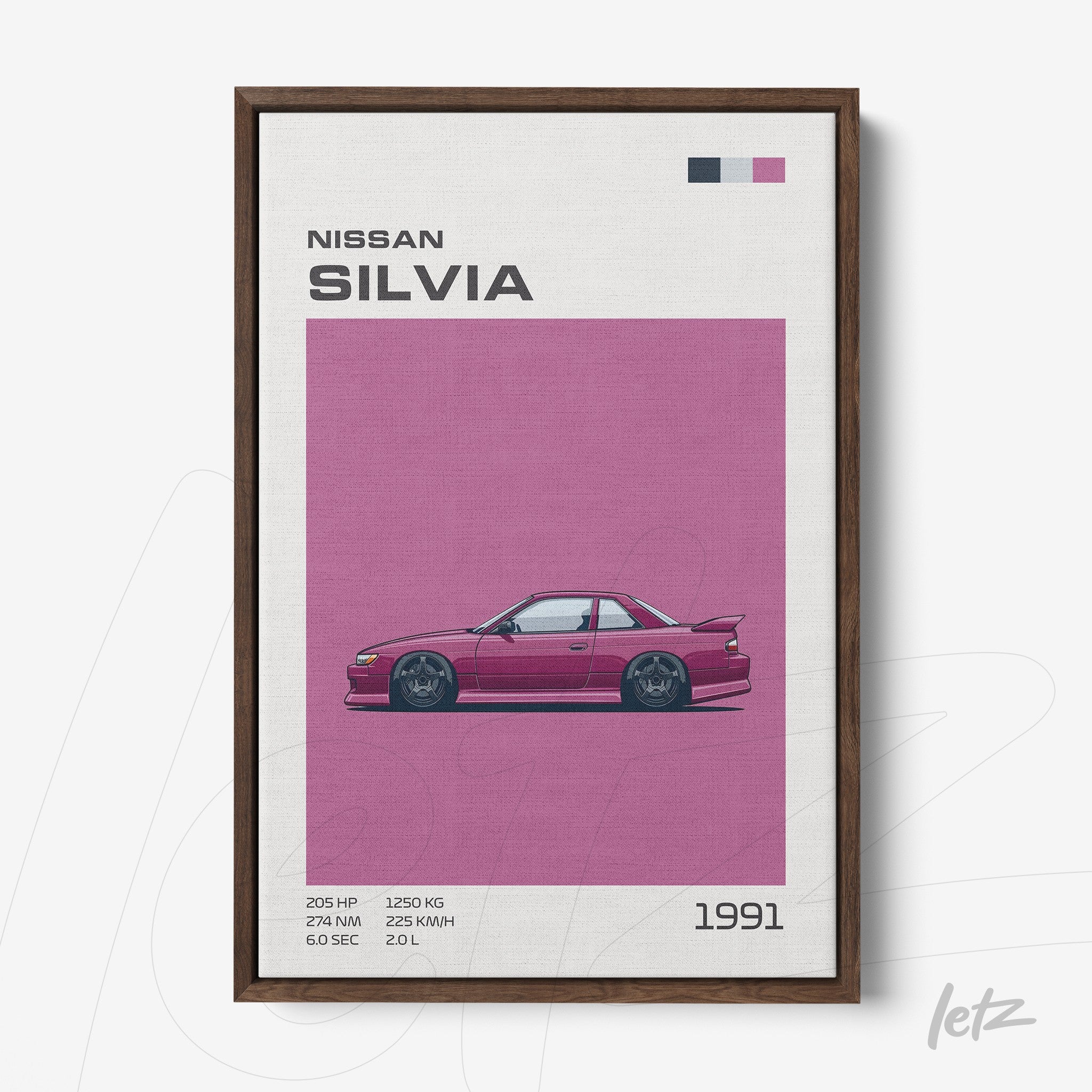 framed artwork of the Nissan Silvia car on pink background, highlighting details like horsepower and weight
