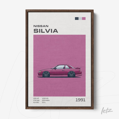 framed artwork of the Nissan Silvia car on pink background, highlighting details like horsepower and weight