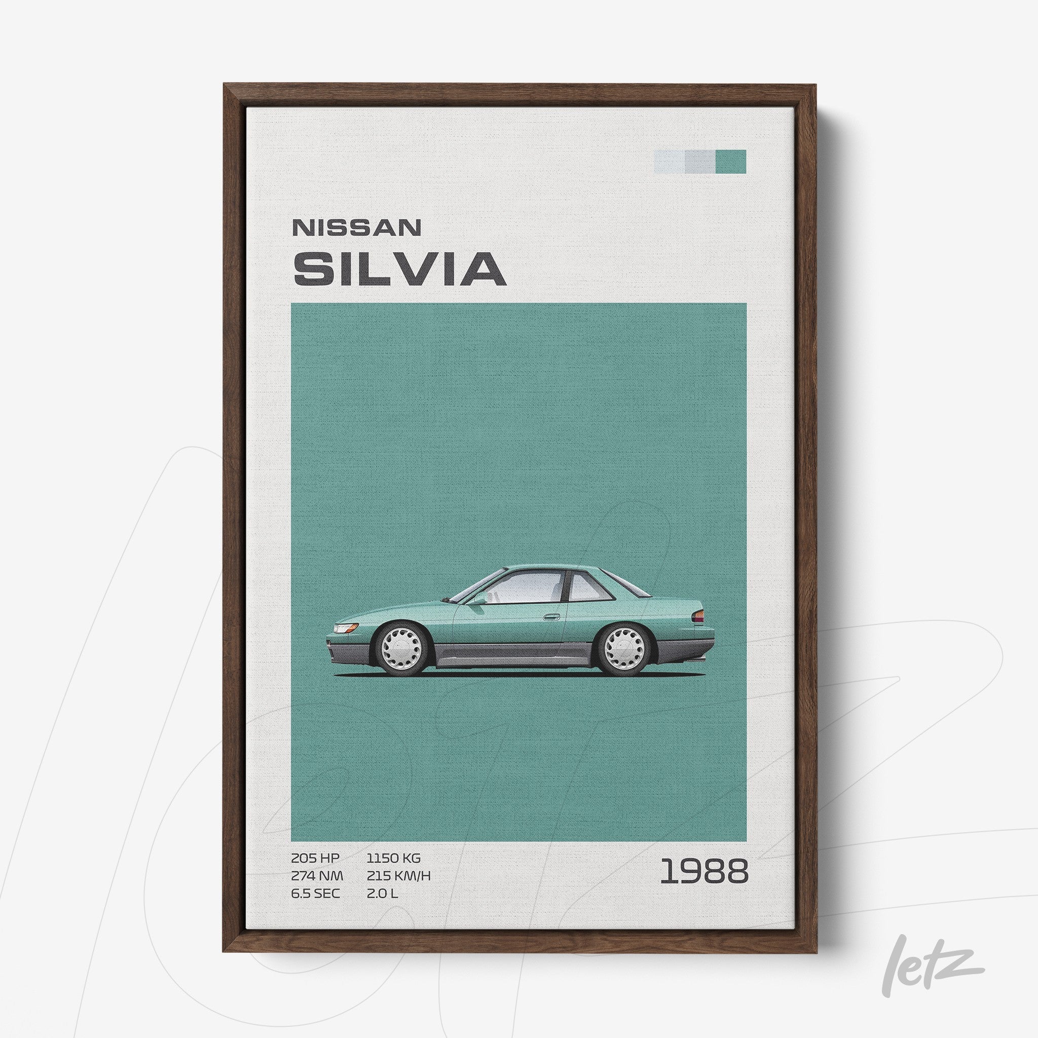 framed illustration of the 1988 Nissan Silvia with a turquoise background and brown frame