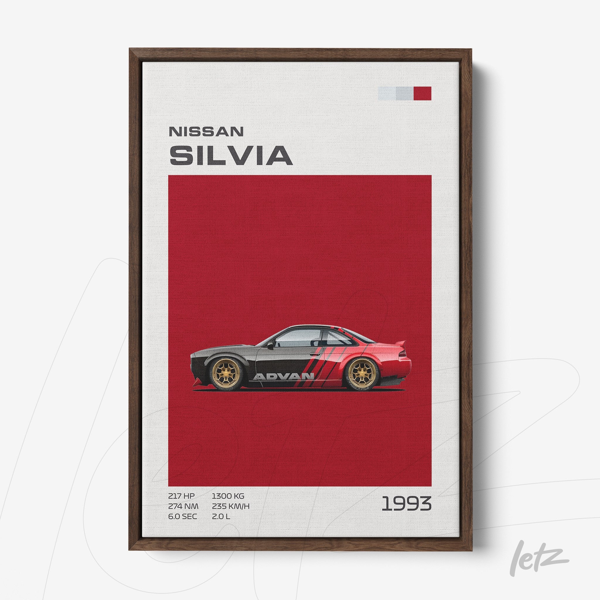 framed wall art featuring a 1993 Nissan Silvia sports car on a red background with dark wooden frame
