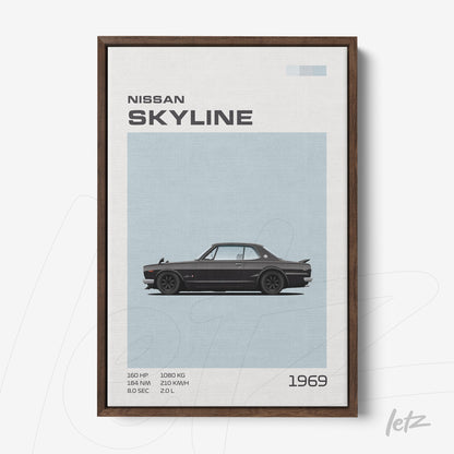 framed digital art of the 1969 Nissan Skyline in dark wood frame